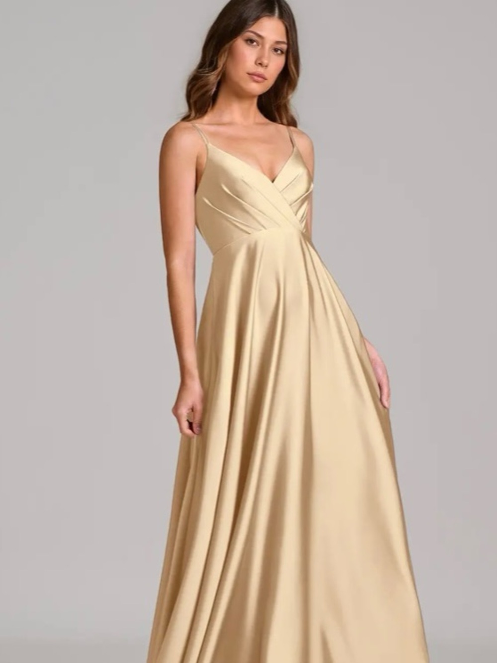 Azazie Satin Stretch Champagne Spaghetti-Strap Bridesmaid Dress - Size 10